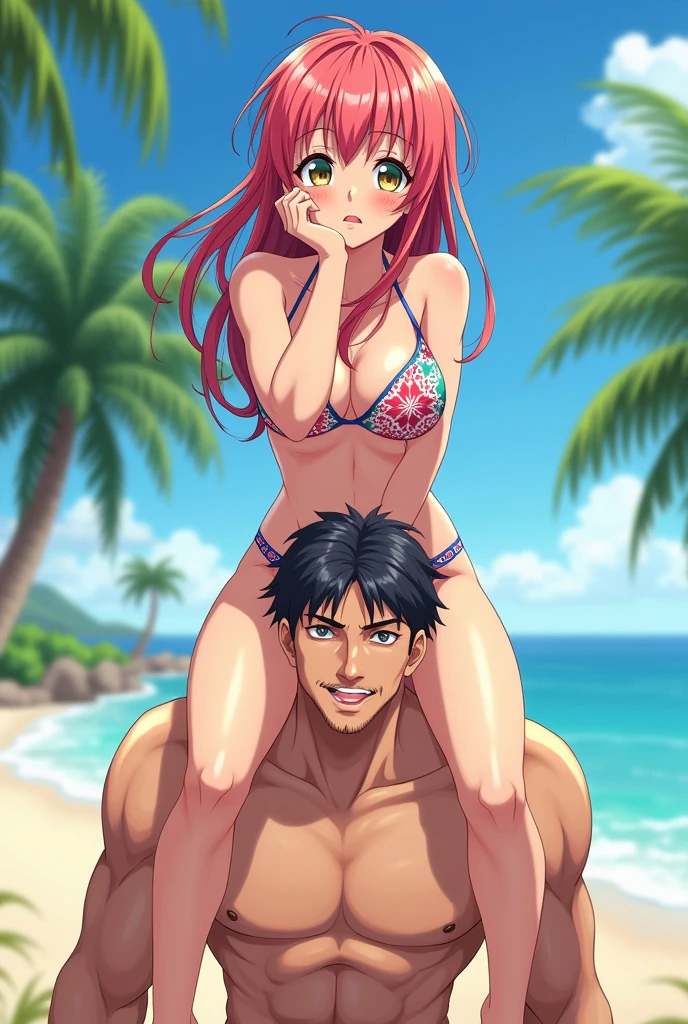 Japanese Girl(takashirohiroko, long red hair, intricate purple bikini, purple eyes, green earrings,), being on the beach, ((view from the back)), ((dynamic pose)),(being touched by men:1.5), a couple (1girl,1boy), 8k, highly detailed， illustration, ((Intricate Details)), (Beautiful and Delicate Eyes), (Illustration), (Silhouette) Absurd, ((Ultra-realistic Nose)),No Extra Hands, (Perfect Hands) , Mature Woman, （（masterpiece）））， （（best quality））， （（intricately details））， （（ultra-realistic realism））， Ridiculous res, A MILF， Mature woman, highly detailed， illustration， 1. Mature women， （（Large breasts:1.1）)，perfect hand， detailed finger， Beautiful detailed eyes, vd, , slim body, tanned skin, (woman wearing bikini, ), detailed background， perfect eyes， Seductive eye, Cocked buttocks, sexy, orgasmic, welcoming, inviting look, (boy touching girl's crotch), (boy grabbing girl ), (boy grabbing girl's breast ), (boy wearing beachwear) hentai breast grab(sex position), (facial expression: reaching orgasm, blushing)