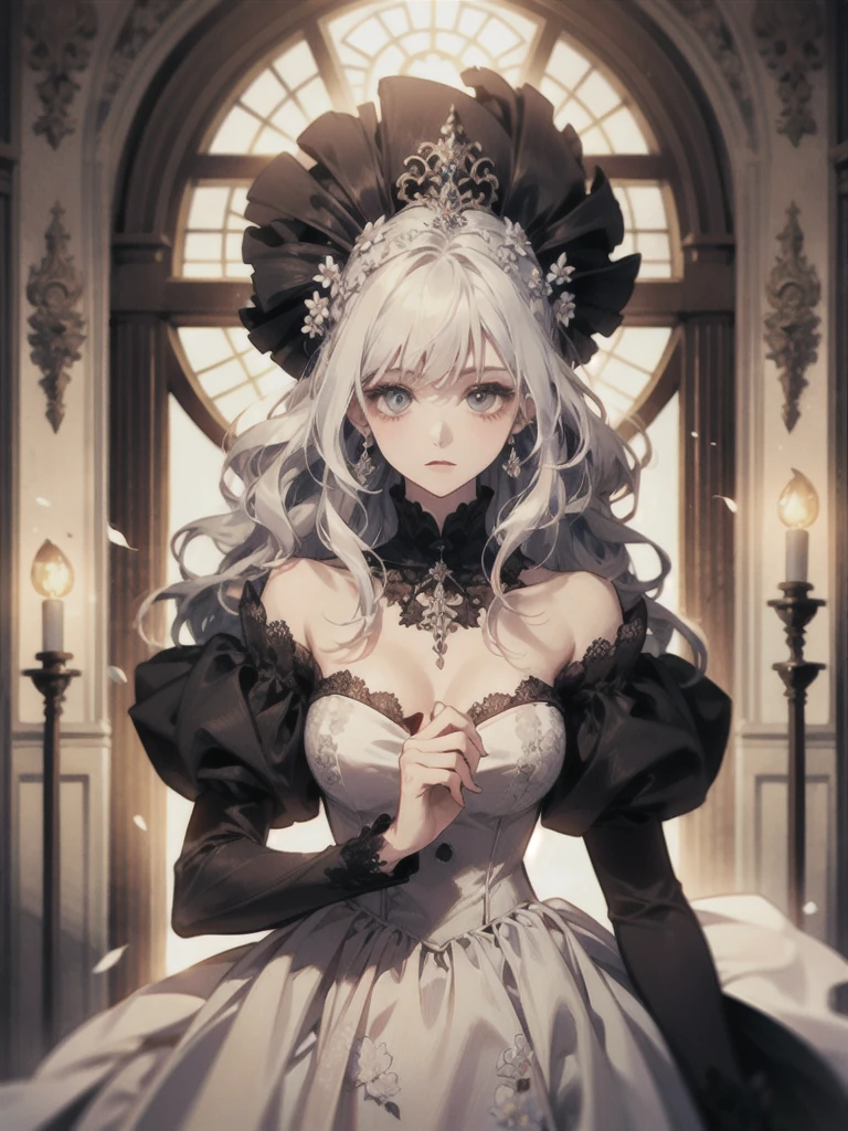 ((masterpiece)),(best quality), ((extremely detailed CG unity 4k wallpaper)),(cinematic lighting), (an extremely delicate and beautiful evil girl:1.3),face, fixed eye, hand fixed (++silver hair++), pink eyes, long hair, jewelry,earrings, :d, maid, silent magician,
Large breast ,(Crystal chandelier), hat ,indoor ,view from below, hand over lab, sitting , crossed leg in detailed, all body , leg fixed,