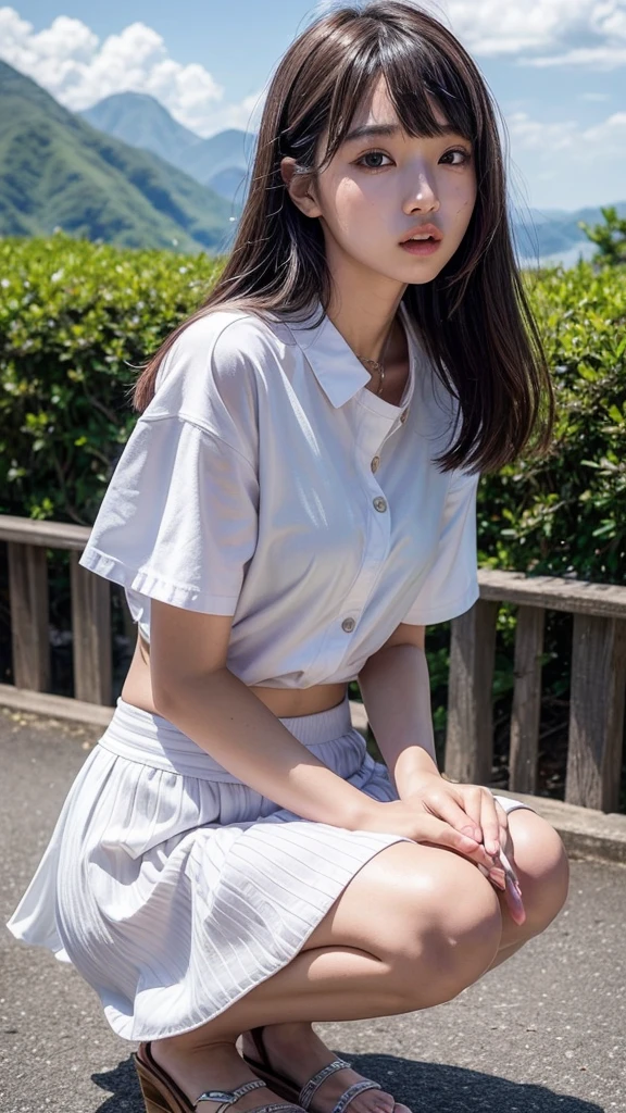 ((Best of the highest quality, 8k, Masterpiece, raw photo: 1.2)), (Sharp focus: 1.2), (1 AESPA, slim body type female, 21 y/o: 1.1), (Solo: 1.28), (realistic, photo-realistic:1.37), face focus, cute face, finely eyes, (droopy eyes: 1.32), (Emphasize prominent aegyo-sal with bright: 1.2), shimmering eyeshadow applied under the lower lash line, paired with thick, (small breasts, flat chest, Thigh: 1.3), (short messy hair: 1.28), (wearing button down business shirt, panties: 1.32), sitting on rice field, paddy field, flower, (from below: 1.12)