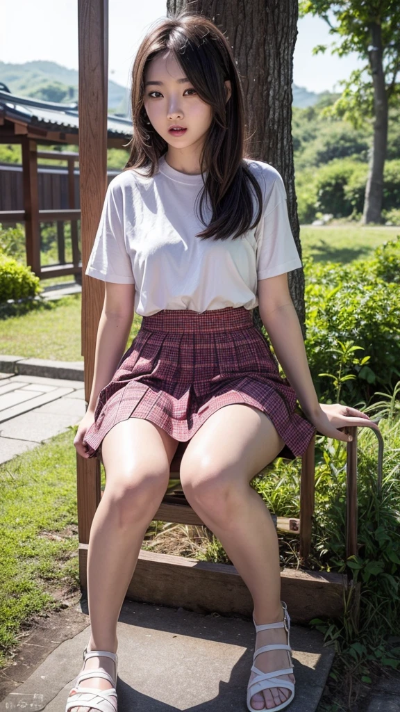 ((((detailed explanation)))),(((masterpiece、Highest quality、Very detailed:1.42、Focus on the eyes)))、Japanese high school girl posing in the schoolyard in the evening。She is wearing a white shirt and a navy blue pleated skirt.、wearing a red ribbon tie。The shirt is clean、Well ironed。Shirt sleeves rolled up slightly to the elbows、A simple silver bracelet shines on her wrist.。The skirt of the uniform is above the knee、The pleats on the skirt are neatly arranged。

The model has naturally straight, shoulder-length black hair.、Bangs should be slightly over the eyebrows。Her hair is bathed in the sunlight、Soft and shining。His face is well-formed.、大きな瞳はShe has a pure and bright expression.。Her skin is translucently white、The slightly reddish cheeks give a healthy impression.。唇は自然なpink色で、When you smile, small dimples appear。

In the background is a large schoolyard.、You can see some rusty iron bars and playground equipment.。The sky is dyed with the sunset、orange、pink、The purple gradation spreads beautifully.。There is a large cherry blossom tree behind the model.、The leaves are swaying in the wind。There are some weeds growing at my feet.、Gives a sense of reality。

The lighting is soft and natural, gently enveloping the model.、Warm hues illuminate her face and uniform.。She has a natural smile、Her left hand is lightly lifting the edge of her skirt。The right hand is placed on the hip、The pose is relaxed yet somewhat confident.。Her eyes are on the camera、She has a pure and bright expression.。

Overall、A fusion of the freshness of youth and the calm atmosphere of the evening.、The aim is to create an elegant yet approachable photographic image.。
