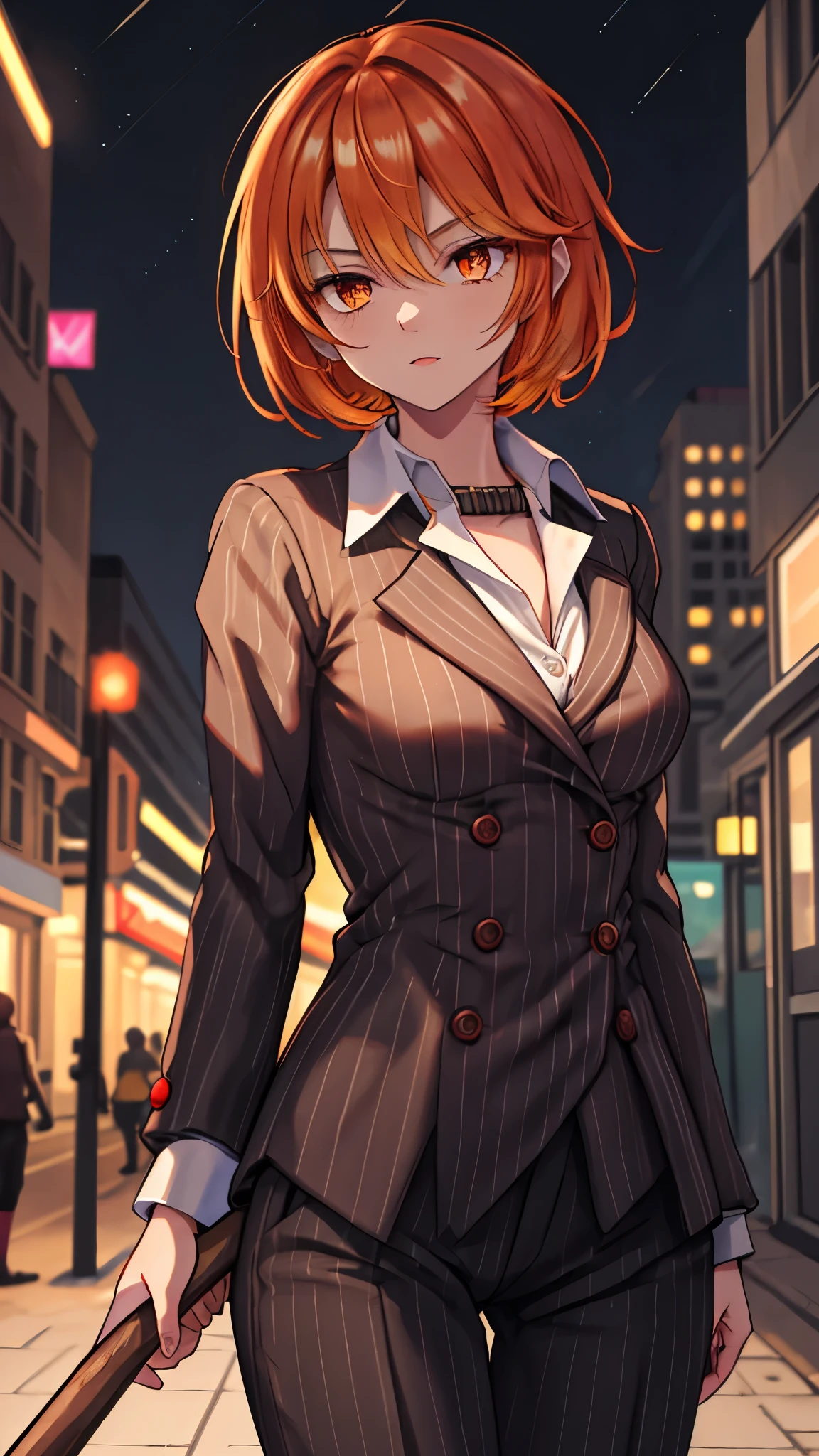 （（super high quality,））（（Ultra-high resolution,））（16K,）（super masterpiece,）（（Ultra HD ,））（Detailed shading,）Shooting from below,Upper body photo,One Woman,Short orange hair with bouncy tips,Black vertical striped suit and pants,A tight-collared white shirt with the second button undone,Open your legs a little,Holding a red stick in his hand,A firm expression,Aggressive,Sharp Eyes,A deserted city at night with the lights out,