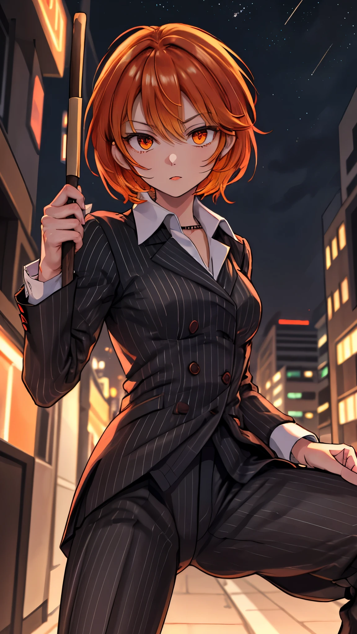 （（super high quality,））（（Ultra-high resolution,））（16K,）（super masterpiece,）（（Ultra HD ,））（Detailed shading,）Shooting from below,Upper body photo,One Woman,Short orange hair with bouncy tips,Black vertical striped suit and pants,A tight-collared white shirt with the second button undone,Open your legs a little,Holding a red stick in his hand,A firm expression,Aggressive,Sharp Eyes,A deserted city at night with the lights out,