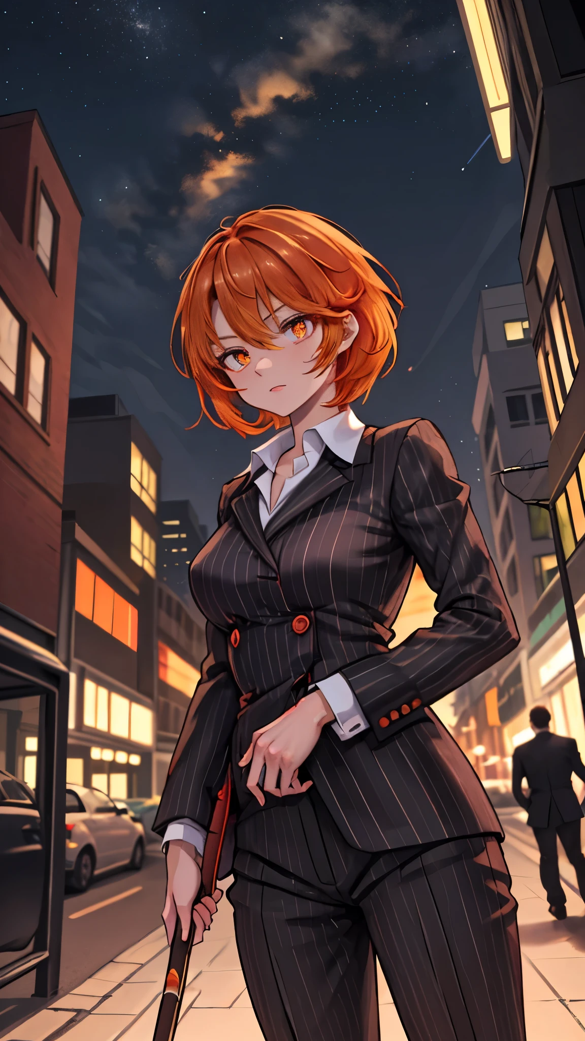 （（super high quality,））（（Ultra-high resolution,））（16K,）（super masterpiece,）（（Ultra HD ,））（Detailed shading,）Shooting from below,Upper body photo,One Woman,Short orange hair with bouncy tips,Black vertical striped suit and pants,A tight-collared white shirt with the second button undone,Open your legs a little,Holding a red stick in his hand,A firm expression,Aggressive,Sharp Eyes,A deserted city at night with the lights out,