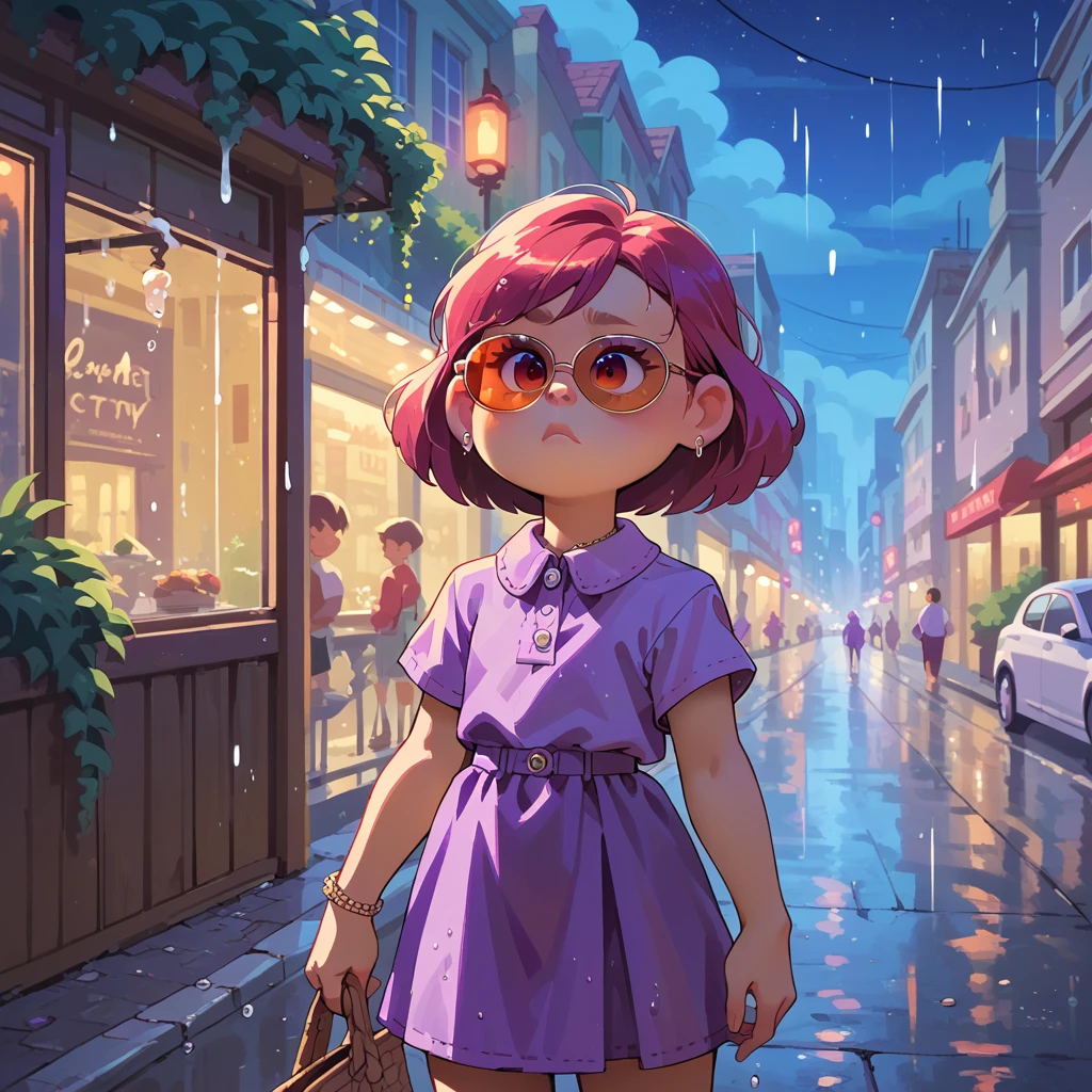 1girl, alone, girl focus, meilin lee, purple hair, purple dress, sunglasses, outdoors, city, night, neons, road after rain