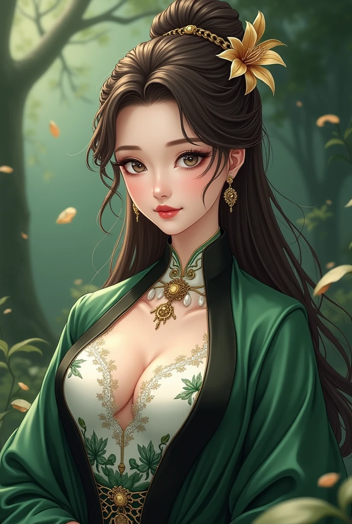 ((masterpiece)), (best quality), (cinematic), (oil painting) in style of Viktor Vasnetsov, the Goddess of the Christmas, large breasts, big eyes, long thick eyelashes, cleavage, full lips,long thick hair, high ponytail, accessories, flower_background, featuring intricate designs and patterns in the style of Gustav Klimt,