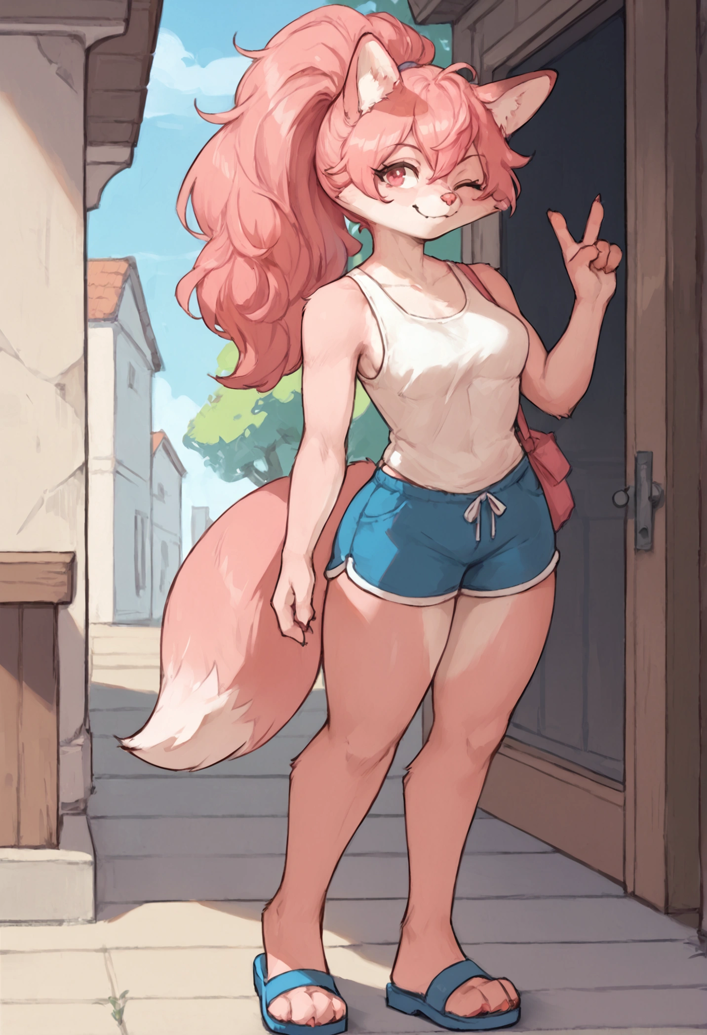 Solo, Score_9, score_8_up, solo, Anthro, furchan, pink furry body, pink hair, ponytail,  pink eyes, pink nose, animal ears, tail, tall and slender body, standing, indoors, wearing sleeveless tank top, medium breasts, blue short shorts, outdoors, smirking, grinning, winking, one closed eye, blue sandals thick thighs, 