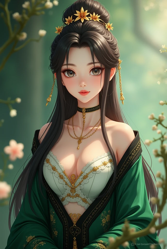 tmasterpiece,best qualtiy,8K,primitive:1.2,realisticlying:1.4,Grotesque,1 sprite,Sexy and revealing,Solo,ff Tifa,Most detailed,opens his eyes wide:1.3,eyes reflection:1.5,eyes with brightness:1.5,White skin,(Green dress,head wreath),full-length zipper,Slim,Thin leg,sitted,moon,Updraft,The upper part of the body,rainbowing,cinmatic lighting,Beautiful misty forest and waterfalls