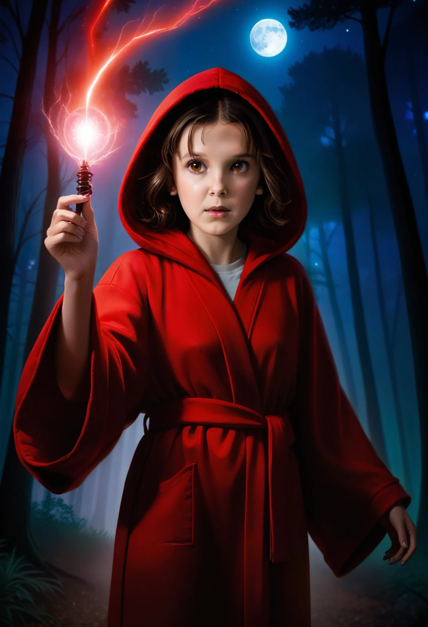 milli3 woman, millie bobby brown, 1 curious girl wearing red dark hooded silk robe and holding a magical plasma field in one hand, netflix, stranger things, eleven, in dark forest with full moon lit sky, shadow figure lurking behind trees, front view