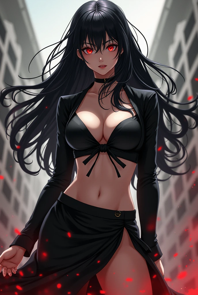 (bright red eyes)beautiful, beautiful woman, perfect anatomy, perfect body, whole body, standing body, big breasts, choker:1.6, captivating look, slight smile, realism, Masterpiece, Rough skin , super detailed, high detail, high quality, 最high quality, 1080P, 16k, realist, 1 girl, (black fur:1.6, waist length hair), crop top, shiny black leggings, shiny black boots, Chapped lips, blush, evening, flores, sun, sunlighT, (in underwear), (white long sleeve collared shirt:1.4), shy