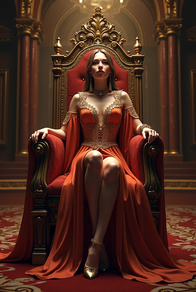 hyperrealism digital arts 3d render of a sorceress féminine +lightly dresses metallic crimson red colored loose-fitting elegant dress with kaleidoscopic mirroring fluid patterns in the wet textile+ well managed golden metallic conduits+brutalist style white marble furniture in the background+ artistic studio lighting + meditating with her back against the floor