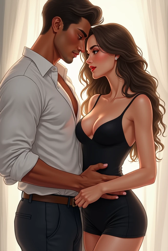 cartoon illustration of a handsome man forty years old, He is strong and muscular, has powerful blue eyes and blond hair, similar to the character Tyler Rake, looking intensely and passionately at a beautiful twenty-year-old girl similar to the character Blair Waldorf, youthful face, naive dark look, dark hair and dark eyes wearing a light dress, they are in a luxurious suite, She is leaning against the wall and being seductively cornered by him who holds her hands above her head and ties them with his tie., he has his shirt open showing his muscles, looking at her intensely and passionately. sexy couple full body image.