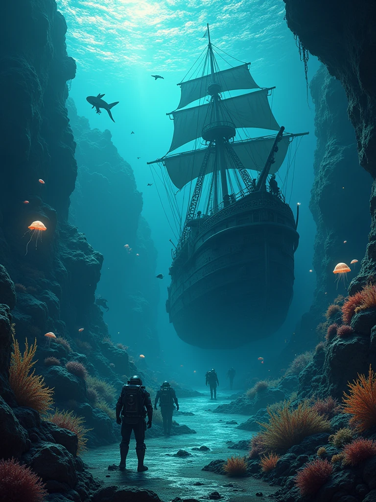 A mysterious deep-sea landscape with a ship navigating through majestic ...
