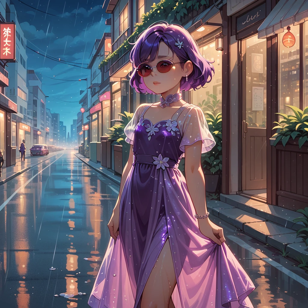 1girl, alone, girl focus, meilin lee, purple hair, purple bioluminescent dress, sunglasses, outdoors, city, night, road after rain