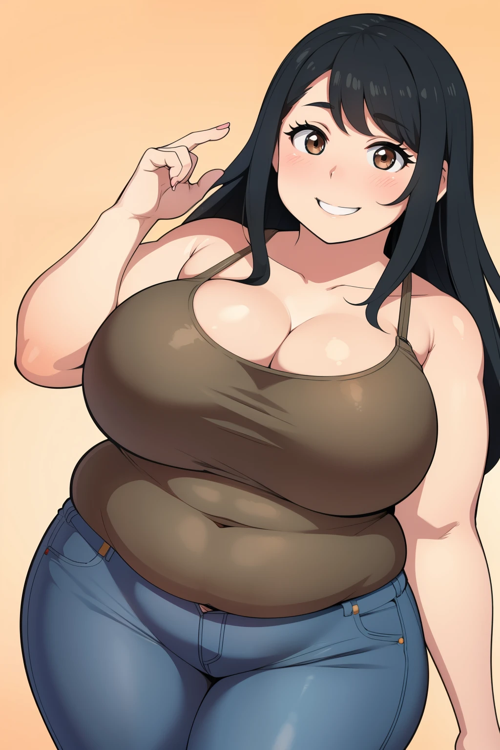 Plump  21 big breasts black hair brown eyes happy longer hair smile blushing