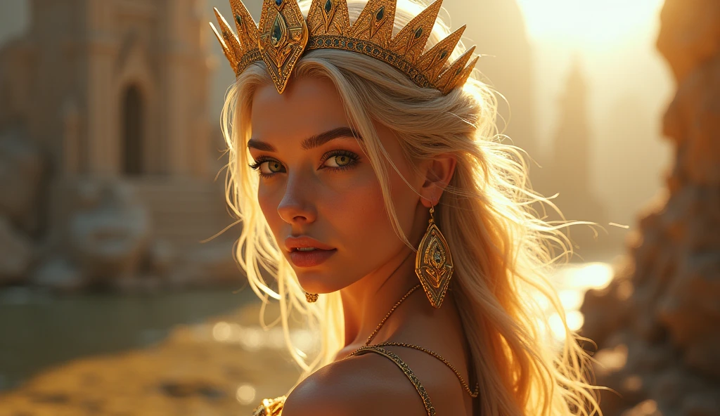 In a surreal way, Beautiful world, Our stunning woman wore a crown of long, wavy blonde hair.. ,It has eyes that seem to hold the secrets of the universe... She is among the islands floating in the sky.., Sit on the Golden Throne,The atmosphere is otherworldly.., With a feeling of wonder and amazement, Mixing realism with elements of the mysterious world.., Using a wide angle lens (24 mm..) To capture the grandeur of the scene,