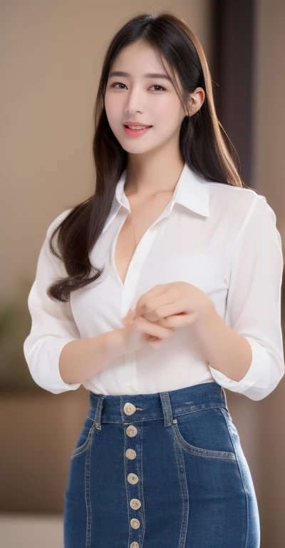 (Highest quality, 8k, masterpiece, Ultra HD: 1.3), (K-Pop Idols: 1.6), 1 cute girl, (Big Breasts: 1.2), (Long Hair), Abdominal muscles, Perfect figure, Ultra Fine Face, Delicate lips, Beautiful Eyes, double eyelid, detailed Eyes, Beautiful Hands, Very thin fingers, Office Wear, White tight shirt, Short tight skirt (humid) ((Excited: 1.5)), Night city view from the window , detailed , Open Shirt Show, luxury office manager,