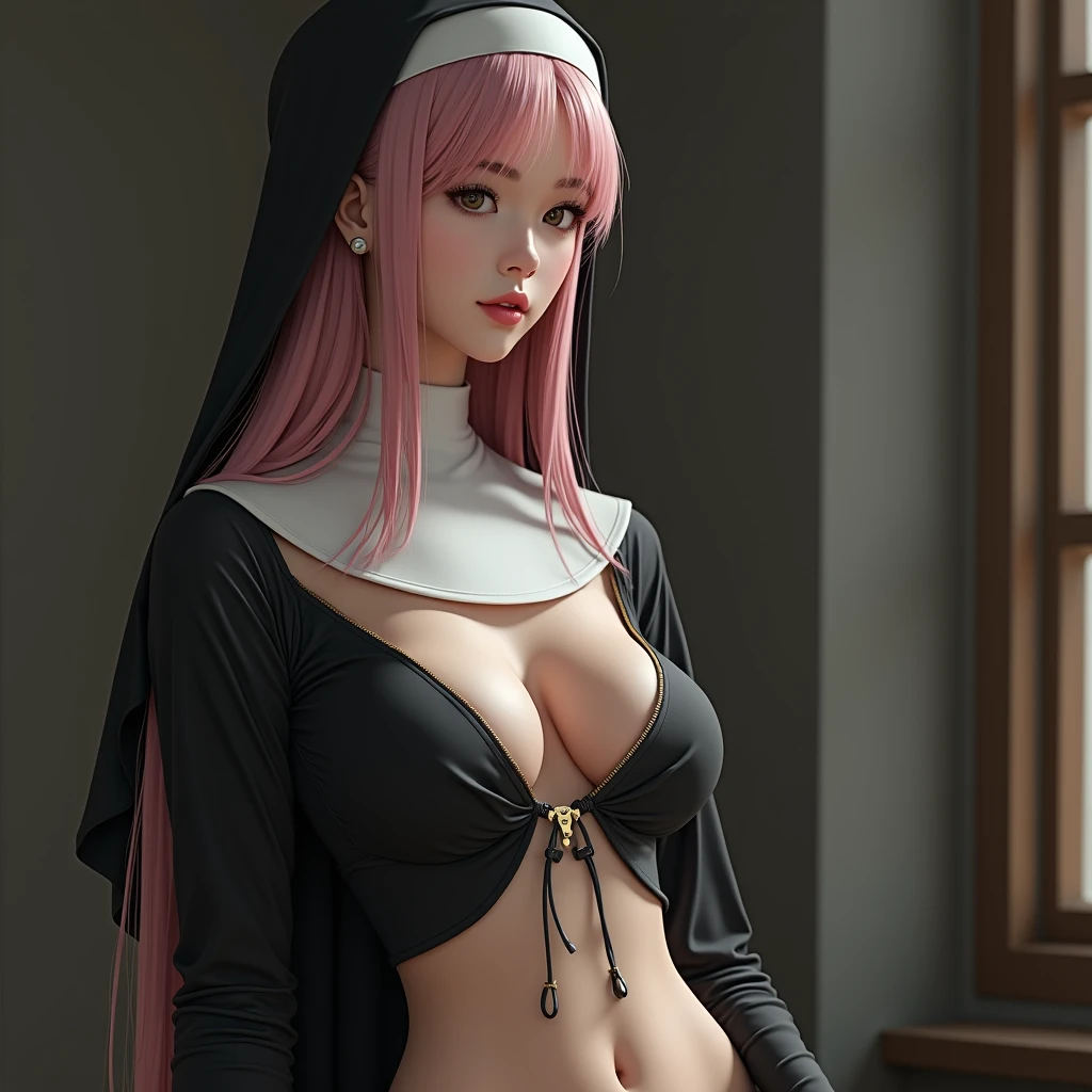 Best quality, Masterpiece, Portrait, Perfect anatomy, Femininity, Cool, Flawless, , Solo, Sexy, Stylish, Mature, Long light pink hair, Mole above lip, Red lipstick, big grul, nun look, in church, sexy breast piercing