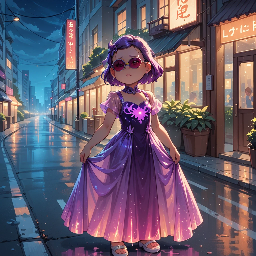 1girl, alone, girl focus, meilin lee, purple hair, purple bioluminescent dress, glowing dress, sunglasses, outdoors, city, night, road after rain