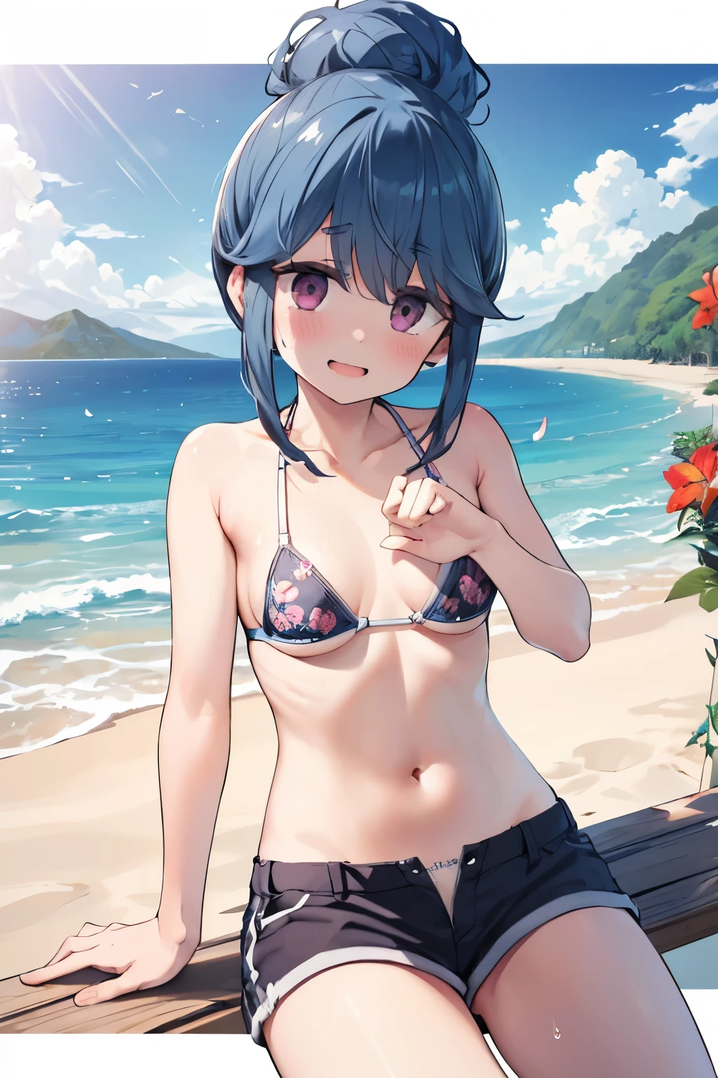 (((nsfw))),nude, happy,  Shima Rin, yuru camp, Shima Rin,Sit down, sole,  ((Spread your legs)), (smile),Looking into the camera,  kawaii, ****, small breast, (Gorgeous floral hair ornament), (Open your mouth), , Swim ring,  (((Colorful micro bikini bra, Raise your arms))), Detailed depiction of nipples,  , cute, Sweat, (masterpiece, Highest quality, 8K ultra-high resolution:1.4), (tropical, Beachside, Flowers: 1.4), Written boundary depth, Focus of the film, From a dramatic angle, Emotional composition, Emotional engine full throttle BREAK Young and cute, Slender body, Flat Chest, Provocative, ((Embarrassed face)), Expressions of affection, Highly detailed glossy skin,Sweat,  topless, Exposed breasts, Shorts, Wet and shiny thighs,Top Break
, wind, detailed in the wind, petals dancing in the wind
BREAK
ultra detailed crystal eyes, Eyes like shining jewels