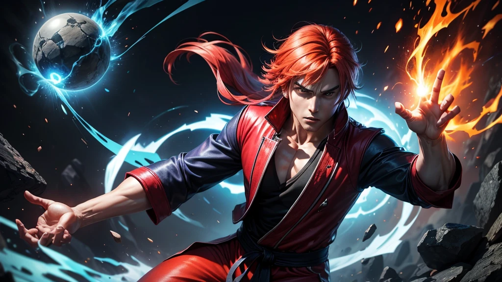 A male character Ken masters  in an intense fighting stance, channeling mystical energy. The character has red hair styled forward, wearing a black jacket with wide sleeves and a white shirt underneath that flares out. He’s also wearing red pants and black shoes. His arms are raised above his head, gathering a glowing blue energy orb with swirling energy tendrils that envelop his body. Behind him, there are dark purple flames, shattered rocks, and energy surges bursting from the ground, showing the impact of his power. The background is transparent, with dynamic blue and purple hues accentuating the energy flow. The overall style is vibrant and reminiscent of anime fighting games, with sharp, clean lines and detailed effects.