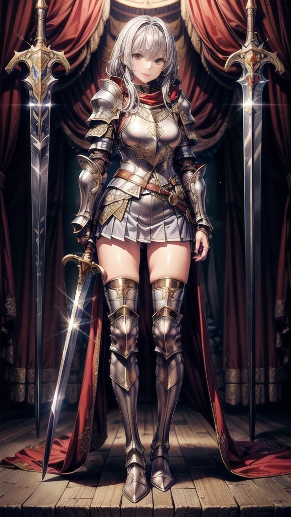 One girl，((Beautiful blue medium length hair，Golden Eyes))，((A luxurious metal armor that covers the upper body，pleated micro mini skirt，Thigh-length silver metal boots，Silver metal gauntlets，A very large red cloak:1.55))，8K quality，Highly polished digital art，((With legs spread, He holds a large sword in both hands.:1.7))，Perfect beautiful girl，Strong smile，(The whole body to the toes:1.21)，Extremely detailed hair and face，Artistic pastel art