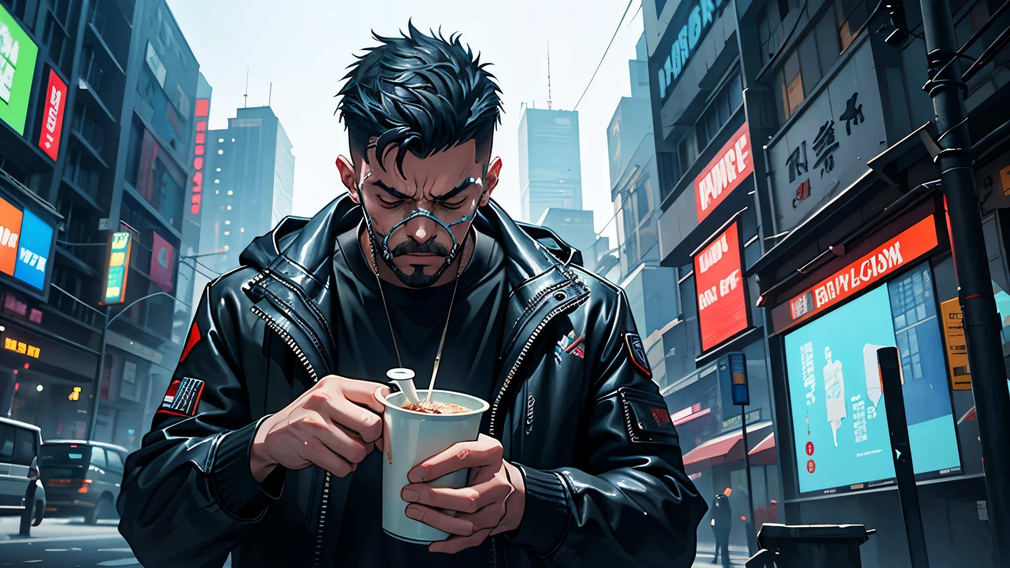 (a well dressed grifter having a drink), (closeup shot), (beard, rugged appearance), (punk outfit)
BREAK
(a crowded futuristic tavern), (barman polishing a glass), (bright neon signs), (cyberpunk aesthetic: 1.3), (smoke filled room), basement, alien, (metal)
BREAK
((masterpiece, best quality)), 4k, subsurface scattering, ultra detailed, solo, detailed lighting,(neon cold colors),promotional art, composition