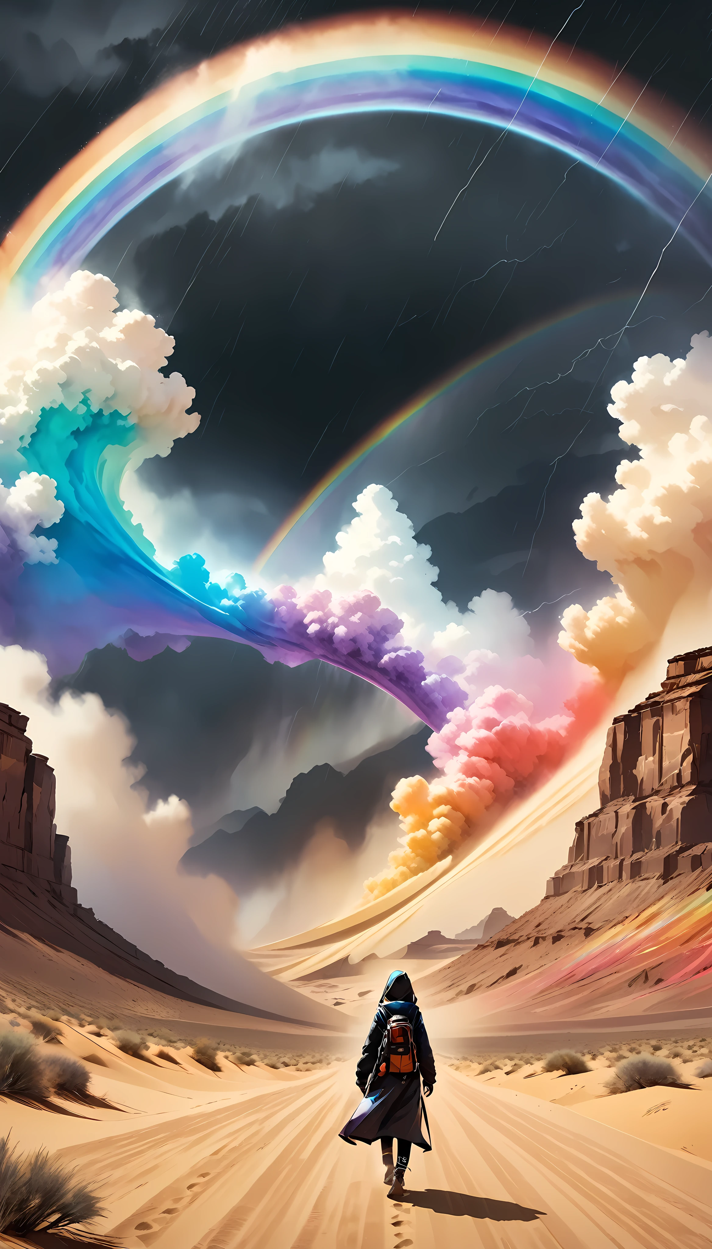 a large hole appearing in the desert, solo, concave spiral style, everything being sucked in by a heavy downpour, detailed and complex line art, torrential rainbow-colored rain, holographically coated rain, extremely surreal aesthetics, smooth texture, extremely meticulous color expression, creating a sandstorm atmosphere with attention to detail, pursuing artistic excellence, ARW, hisui, aya, hyper illustration, hyperrealism