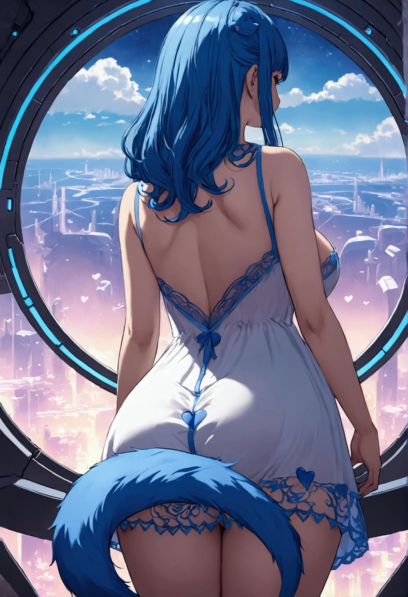 Small girl, big breasts, paws, hearts, stockings, nightdress, from behind, big butt, tail, blue hair, futuristic background