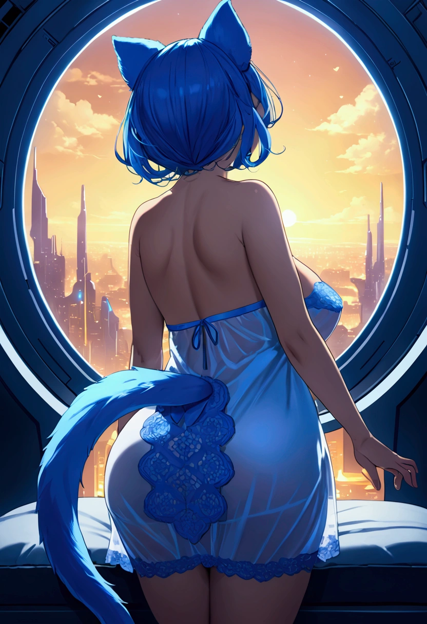 Small girl, big breasts, paws, hearts, stockings, nightdress, from behind, big butt, tail, blue hair, futuristic background