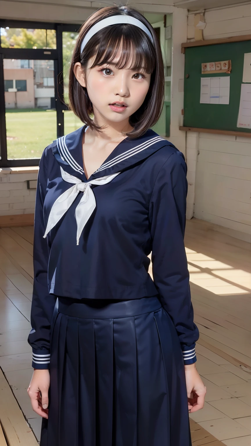 sailor suit, 8k, highest quality, masterpiece, Super detailed, ultra high resolution, realistic, RAW photo, absolute resolution, face is small compared to body, very small face, black hair, navy blue sailor uniform, Dark blue skirt, 3D rendering, realistic young school girl, (white headband:1.4), small breasts, expensive, slanted eyes, (school scenery), open your mouth, bob cut, Long Skirt, looking at the camera,
