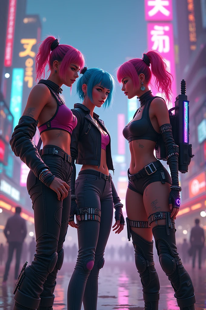 Ana de Armas, Joi character from the movie Blade Runner 2049, blue hair, straight, up to shoulder height and with bangs on the forehead, skin of the whole body in the pink tone, an ultra-realistic appearance, with a very attractive, athletic and sculpted body, sensual, erotic, with perfect charm. She is depicted in hyper-realistic photos, captured in a dirty part of New York in ruins at night, in a dark, abandoned environment, in an apocalyptic setting, not repeating the same image