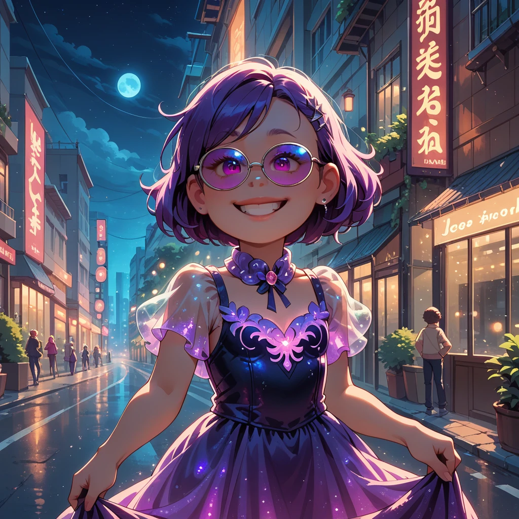 1girl, alone, girl focus, meilin lee, purple hair, purple bioluminescent dress, glowing dress, sunglasses above eyes, smile, outdoors, city, night, dark, midnight, road after rain