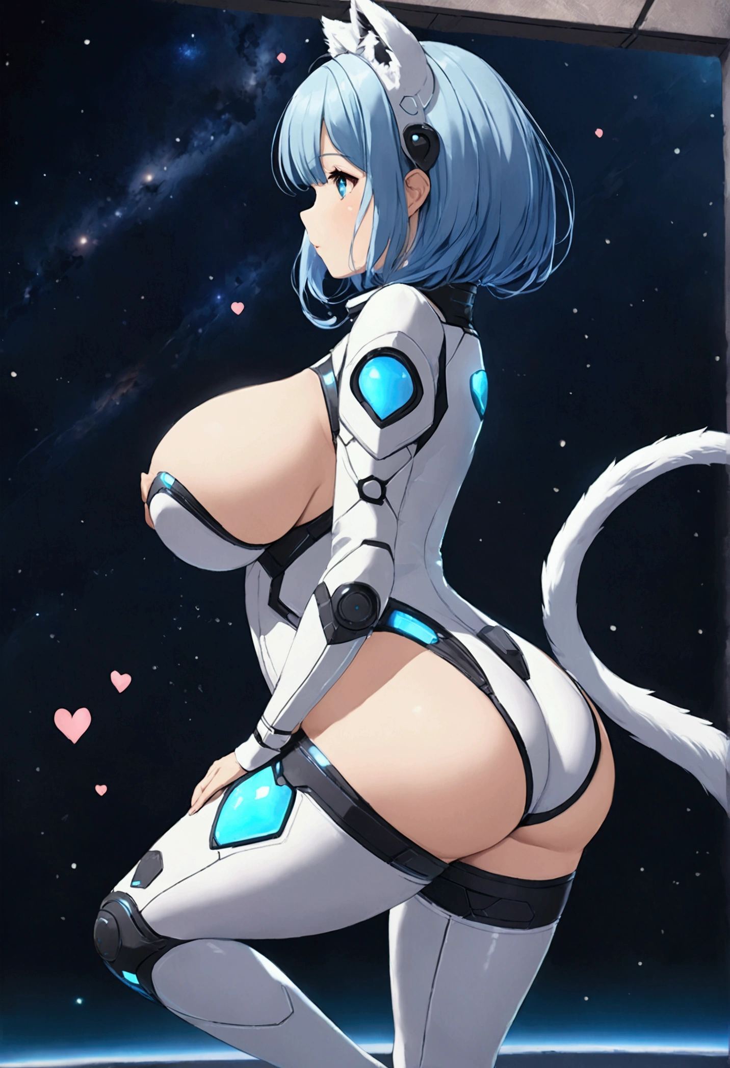 Small girl, big breasts, paws, hearts, stockings, futuristic clothes, from the side, big butt, tail, blue hair, futuristic background, space