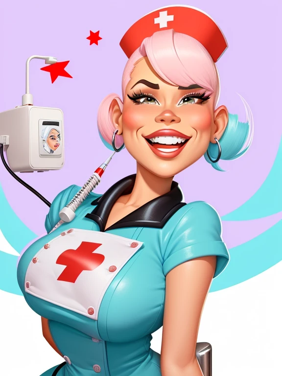 cartoon nurse with a dental chair and a table, dentist, caricature style, caricature illustration, colorful digital illustration, in cartoon style, caricature, caricature!!!, caricature, professional illustration, cartoon portrait, caricature, cartoon style, caricature, Detailed digital illustration, cartoon illustration, digitally painted, HD illustration, cartoon style illustration, latina