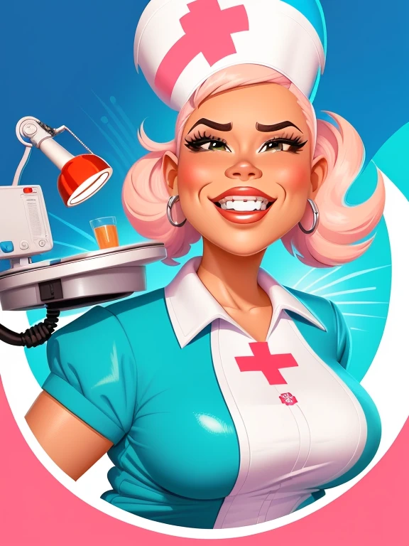 cartoon nurse with a dental chair and a table, dentist, caricature style, caricature illustration, colorful digital illustration, in cartoon style, caricature, caricature!!!, caricature, professional illustration, cartoon portrait, caricature, cartoon style, caricature, Detailed digital illustration, cartoon illustration, digitally painted, HD illustration, cartoon style illustration, latina