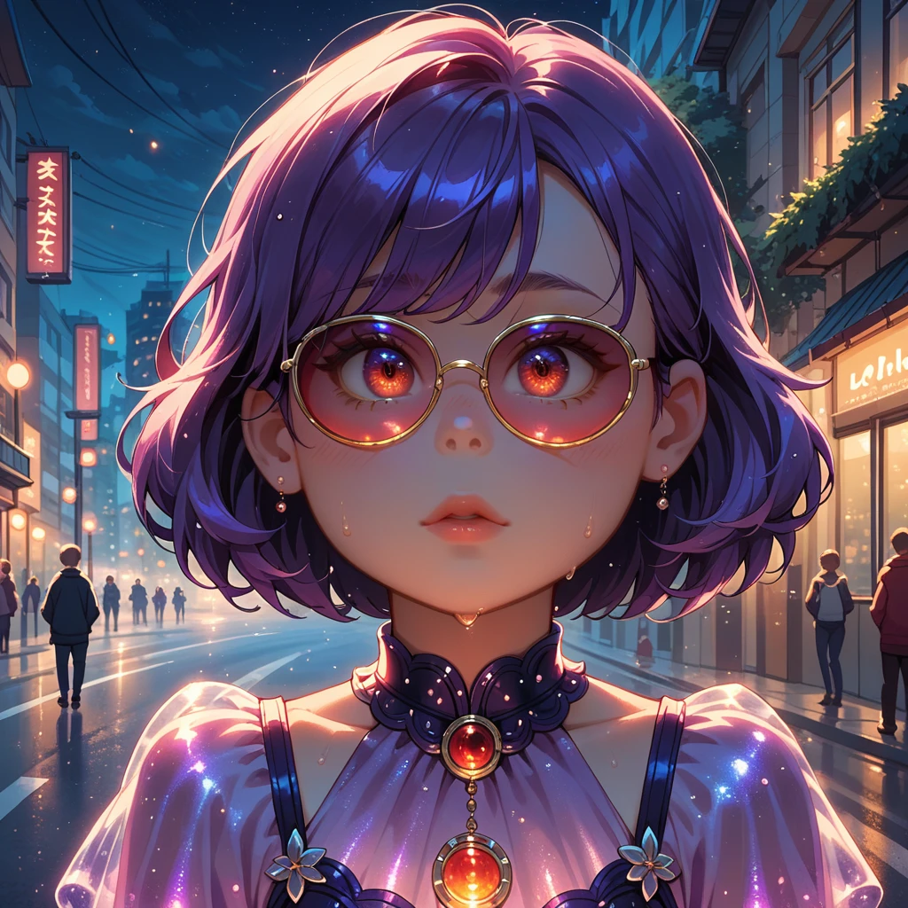 1girl, alone, girl focus, meilin lee, purple hair, purple bioluminescent dress, glowing dress, sunglasses above eyes, outdoors, city, night, dark, midnight, road after rain, close view