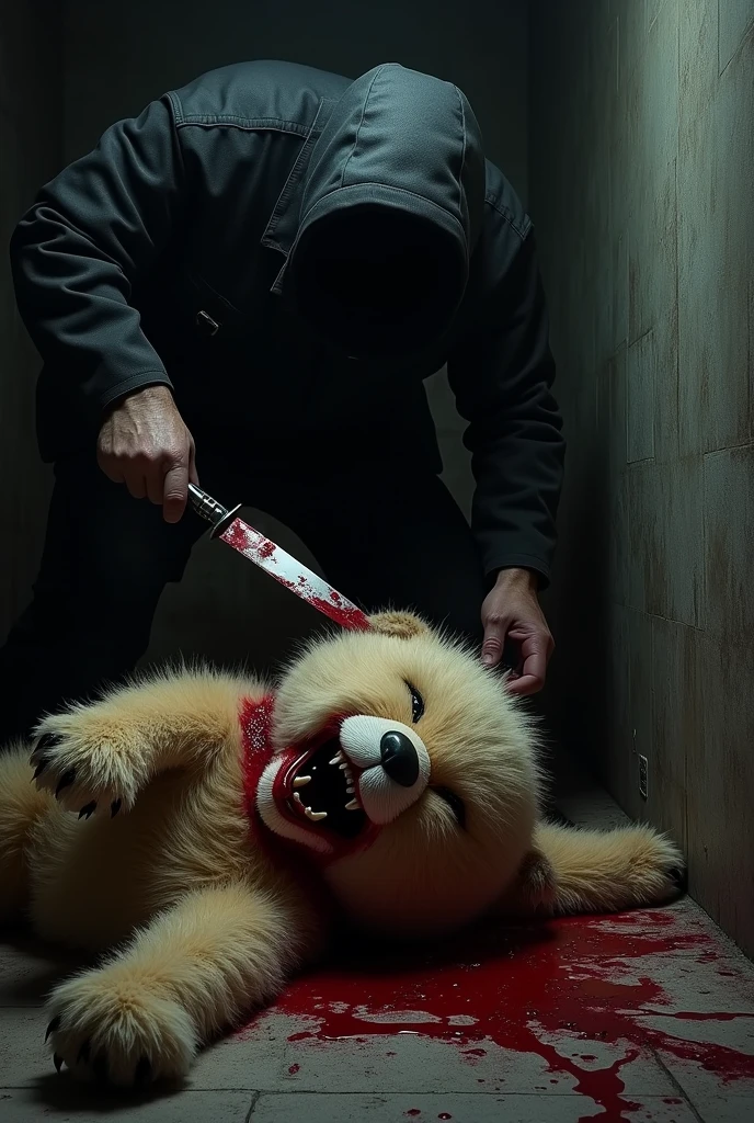 (bloody:1.8) gory teddy_bear, holding knife, photorealism, bear, plushie, centered, 8k, F2.8, RAW Photo, ultra detailed, extremely detailed <lora:TeddyBear:0.5>