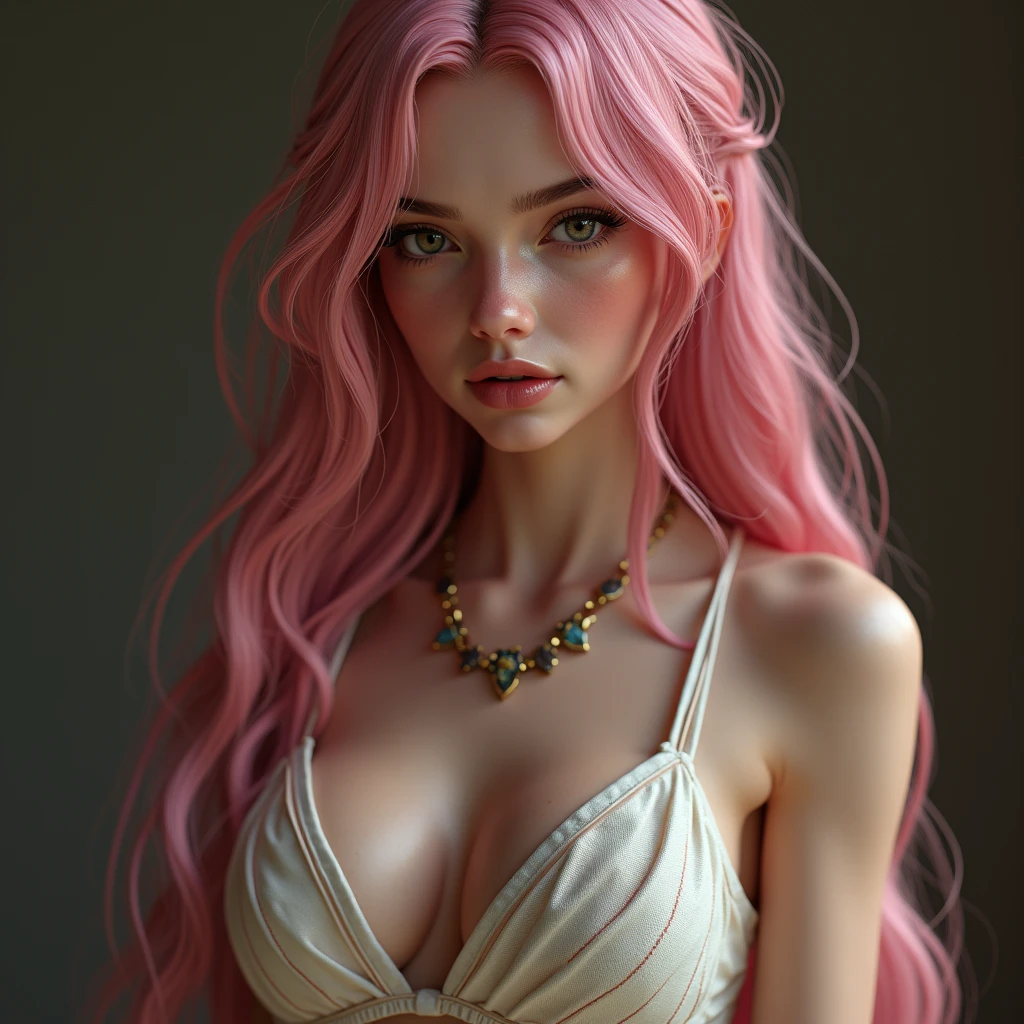 ((perfect anatomy:1.2,realistic:1.3,RAW Photography:1.3,masterpiece、highest quality、Ultra - High resolution、High resolution、Highly detailed CG、8K)),full body,1 female daemon ((beautiful detailed face and eyes:1.2,big gorgeous eyes:1.2)), pink very long hair, Focus on a stunning, alluring face with captivating eyes, small breasts,slender body,small head:1.5,skinny, (oily skin,gleaming skin,pale skin,sweat:1.2), Body should be overtly sexual, with revealing attire or nudity. Emphasize a sultry, provocative expression. Skin tone should be a pale pink, Succubus-like features are desired, NSFW not safe for work, show full body,