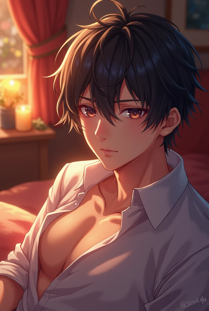 styles, masterpiece, top-quality, Solo Man,Special details, illustratio,a bed,natta, At night,Male face with black hair,Purple eyes,smile
