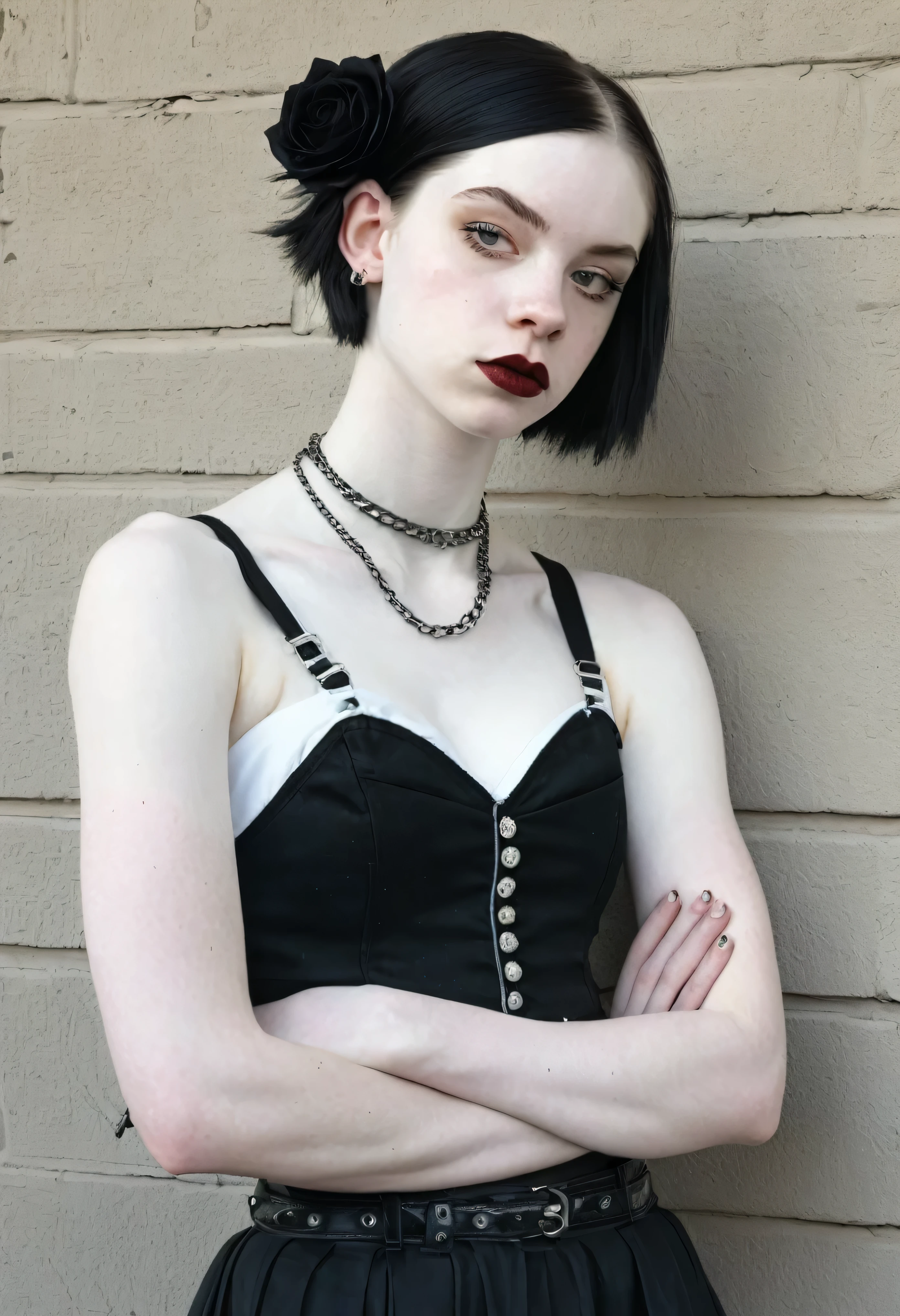 ((GOTHIC BLACK LIPS)), ((BLACK LIPS)), ((shorthaircut:1.3)), adorable, 1 girl, (face to face), 10 years old, baby face, happy, half body portrait, (face details: 1), (eye details: 1), ((tiny breasts)). ((croptank "fiery skull" picture)), ((net stockings)),