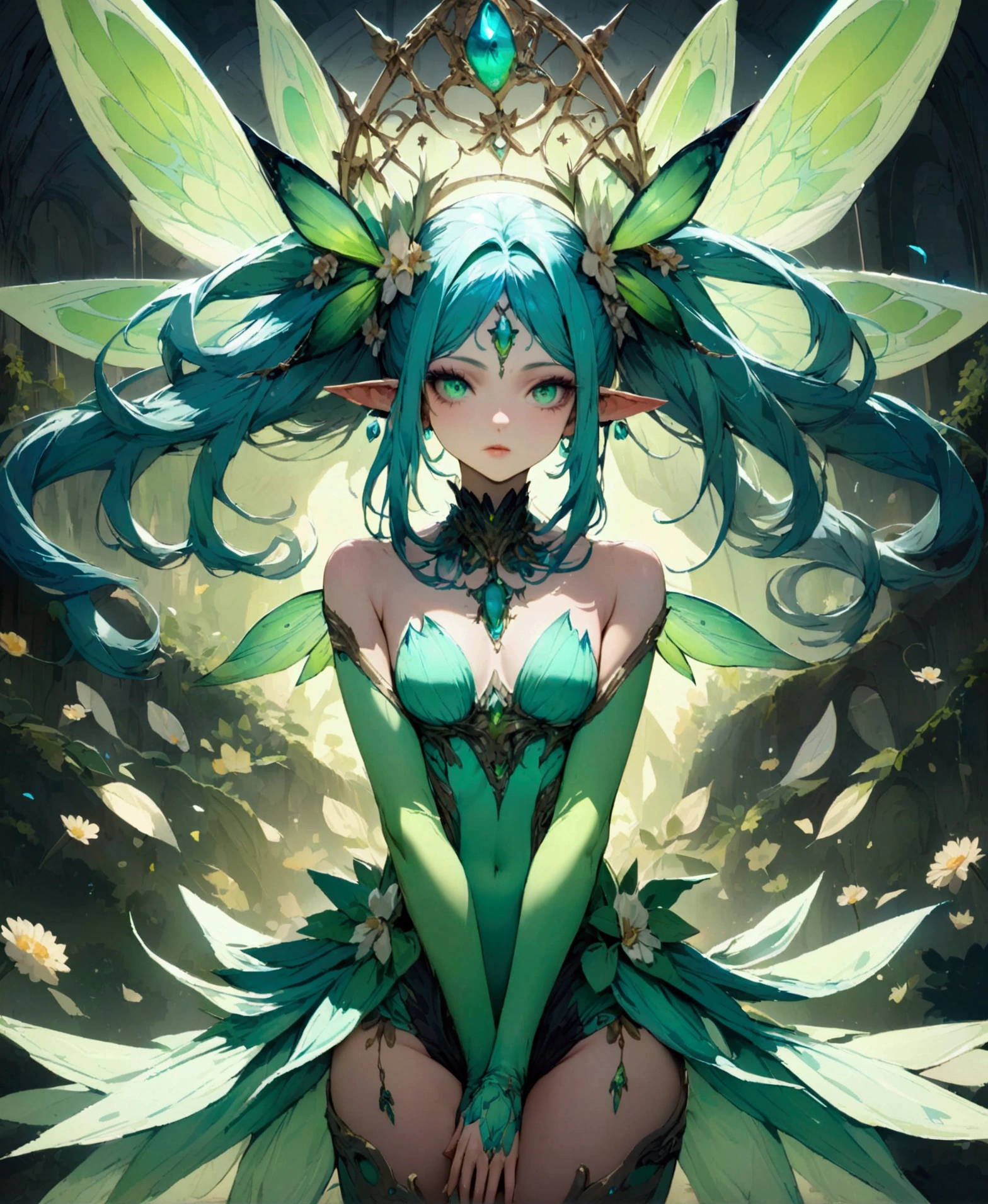 The most beautiful and sexy elf warrior goddess, rainbow colored hair, yellow eyes, dark african skin, wearing extremely detailed battle armor, huge gigantic nude tits and nipples exposed, with fairy wings, tons of tattoos and piercings, in the most breathtaking enchanted forest, cherry blossoms and butterflies blowing in the wind, highly detailed background, perfect masterpiece, high quality, high resolution