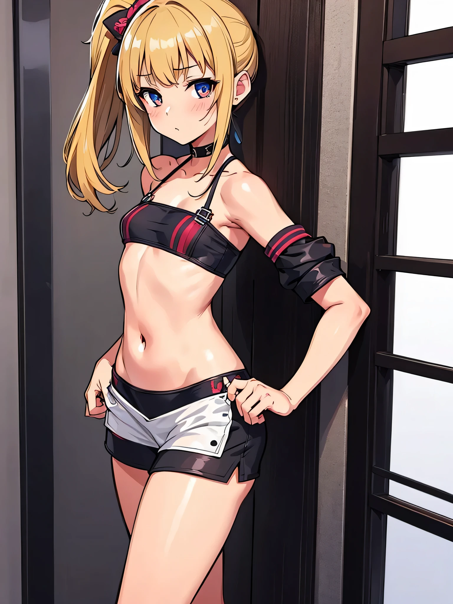 Kagamine Rin、Bunny girl、Bunny ears headband、((blond hair)),RAW Photos, 8k, (highest quality), Realistic, (live-action, Intricate details), (Natural skin texture, Detailed skin, Hyperrealism, Sharpness), (Japanese teenage girl standing in a brightly lit back alley during daytime, graffitied wall:1.3, Sexy pose), ((Tank top、belly button、bikini)),(( A bow tie))、(((Flat Chest:1.5))), (Pale skin:1.2), ((Long Hair, )), (Fascinating face, Provocative look, Lips parted:1.3), thigh, graffiti:1.5, trash can, Daytime, Spot lighting:1.3, Full Body Shot,from below,　