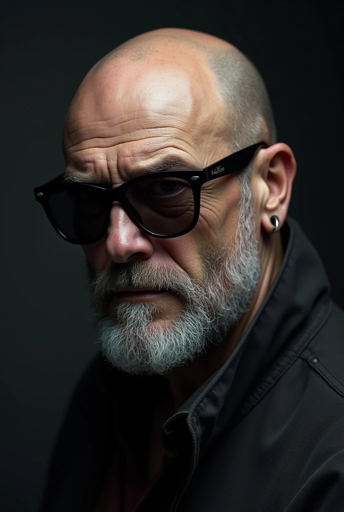 Face of a 2 man with stubble , baldie, eyes black, very white ethnicity, no earring and no tattoo , with dark sunglasses, fatter face. Com perfil mais de lado mostrando a baldie