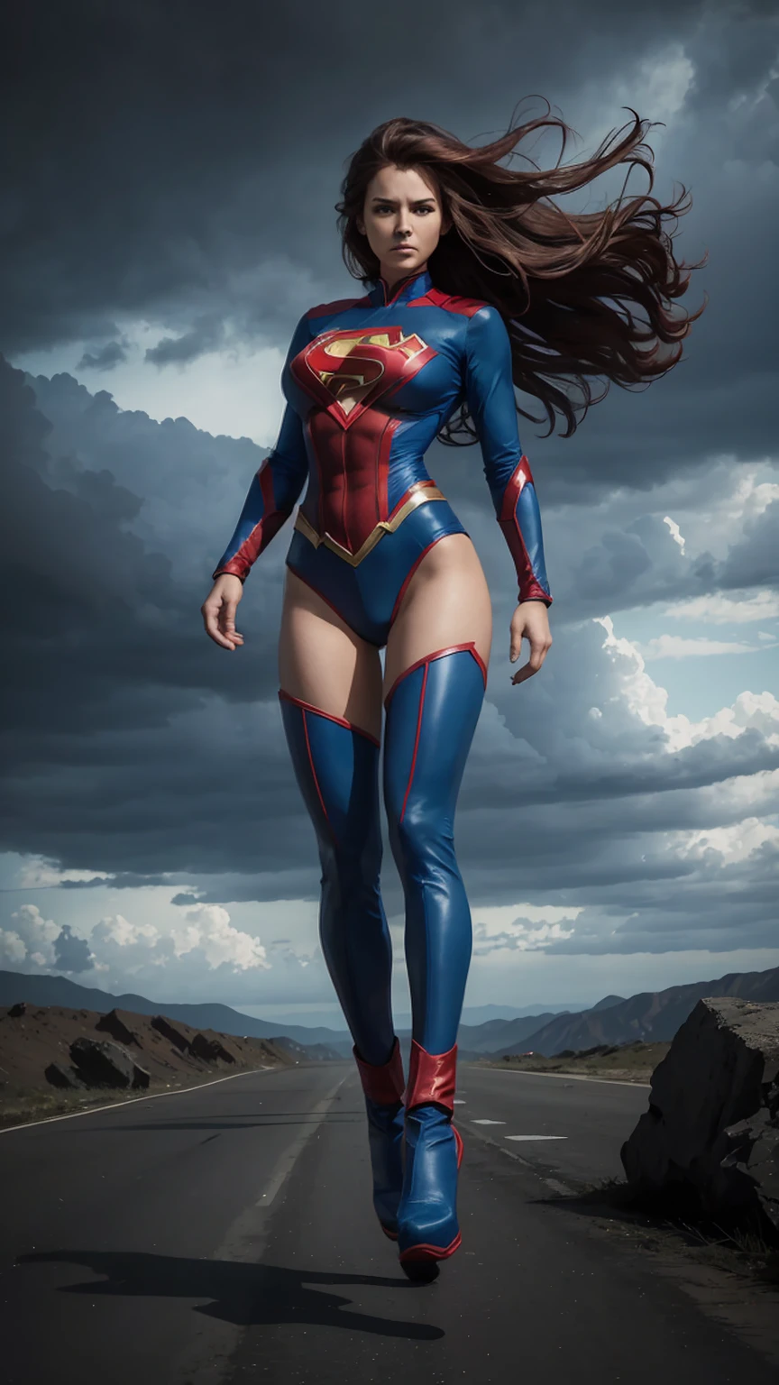megan fox em traje de supergirl, ultra realista, Flying through the skies