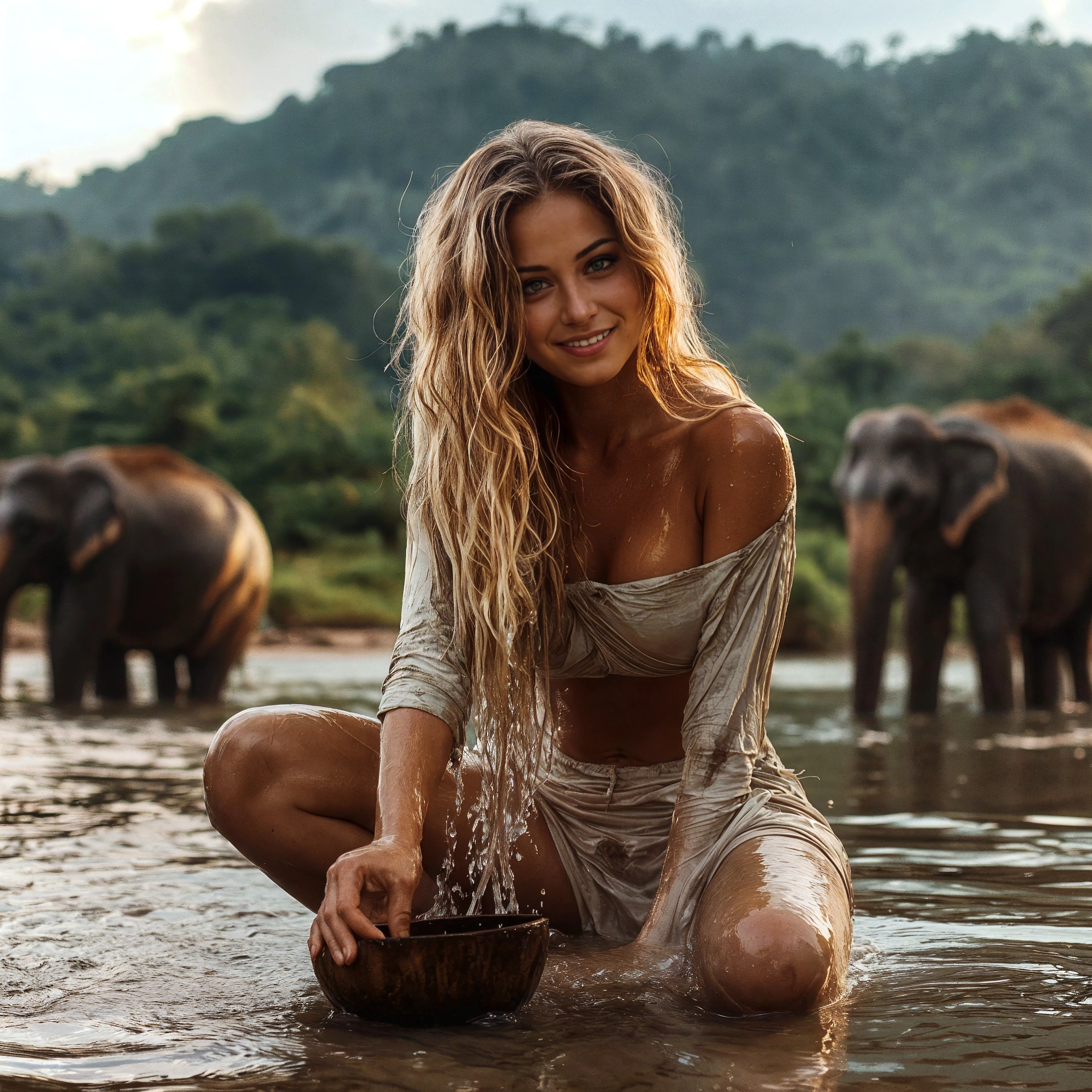 Ala Fed gorgeous woman on river side, nude, Beautiful blonde woman, Alexa Grace, Light and cute smile, Beautiful and seductive smile, Good young girl, Blonde goddess, beautiful and smiling, Young and beautiful woman. Very beautiful but looks realistic, holding your penis, kneeling, blowjob, pov