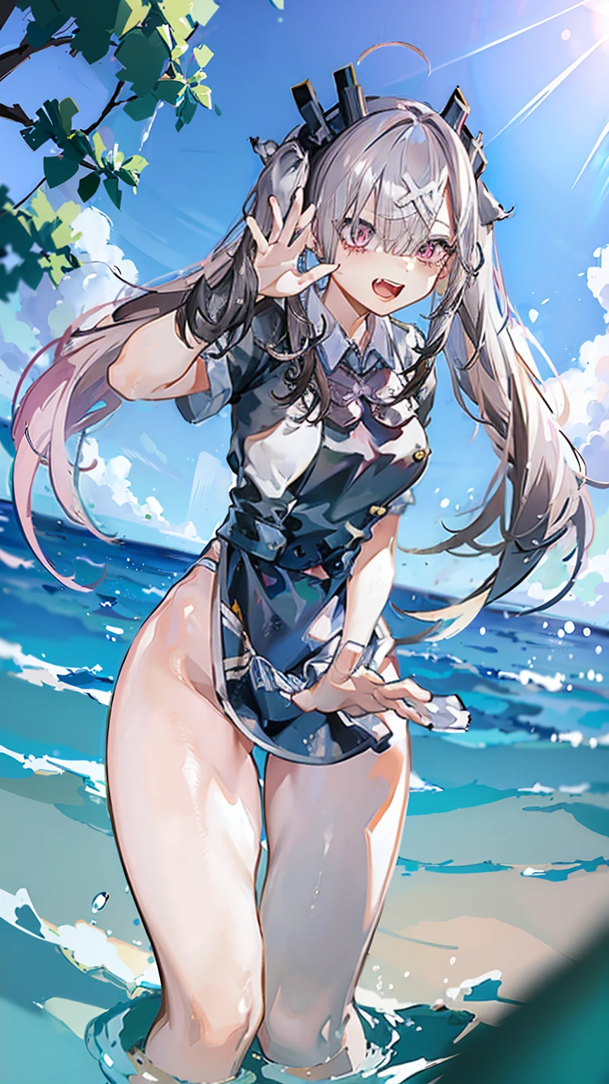 ultra high quality,masterpiece,(((uniform,hands_on_head))), megurime_luka/(vocaloid/),(((Having fun in the water around the beach))),BREAK,(((pink_long_twintail_hair,matur_adult)))