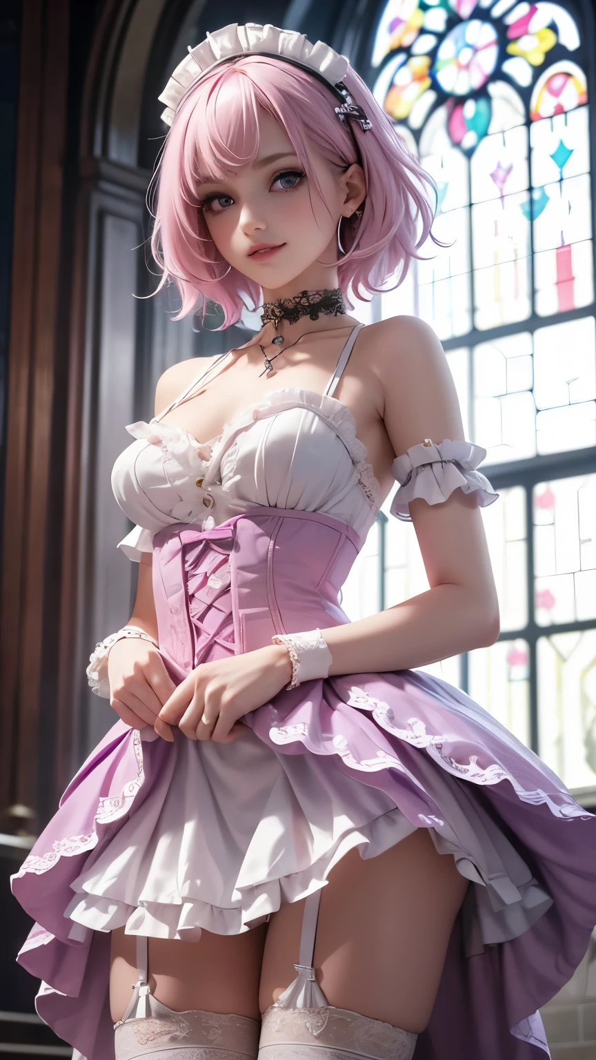 (masterpiece, Highest quality), Intricate details, thin, ((slim)), beautiful girl, Light pink hair, White skin, Light purple eyes, Sharp jawline, Messy Hair, lips, Upper Body, close, Grin, Gothic ****ta fashion, Choker, Arm Covers, church, seductive pose, looking at viewer, from below, show panties, skirt-lift,