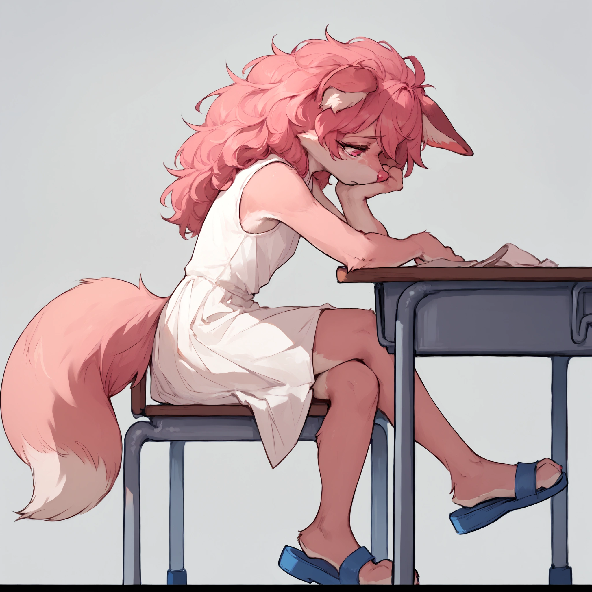 Solo, Score_9, score_8_up, solo, Anthro, furchan, pink furry body, pink hair,  pink eyes, pink nose, animal ears, tail, tall and slender body, wearing white sleeveless dress, blue sandals, legs crossed, sitting in a school desk, in a classroom, side view, sad, 