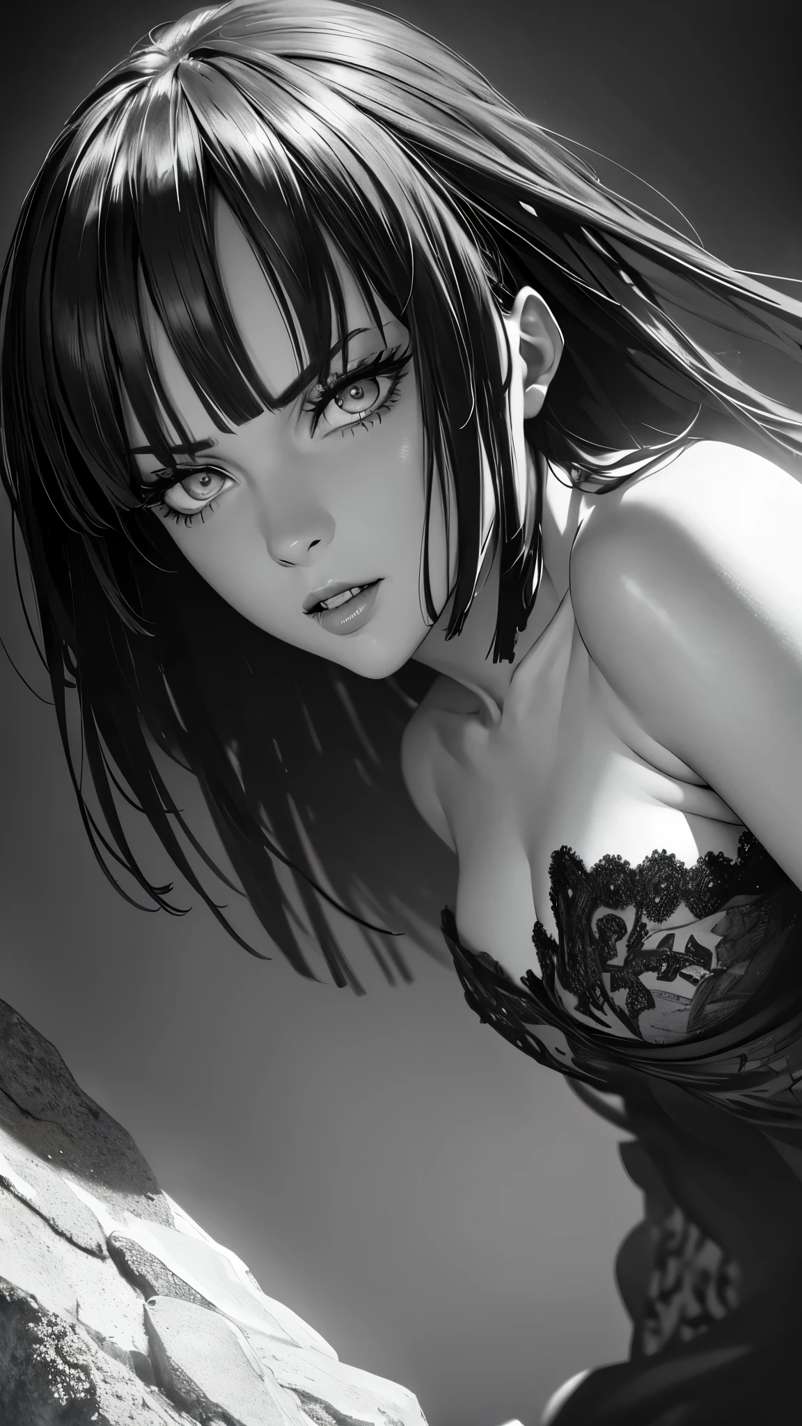 monochrome, pencil drawing, self-portrait, beautiful woman, messy hair, (attractive and seductive) and (amorous and lewd) expression, shading, shadows, contrast, conceptual installation art, (ultra detailed, absolutely resolution, best quality:1.3), 2.5D, delicate and dynamic effects, iridescent effects, artistic, hyper, graphic CG digital art