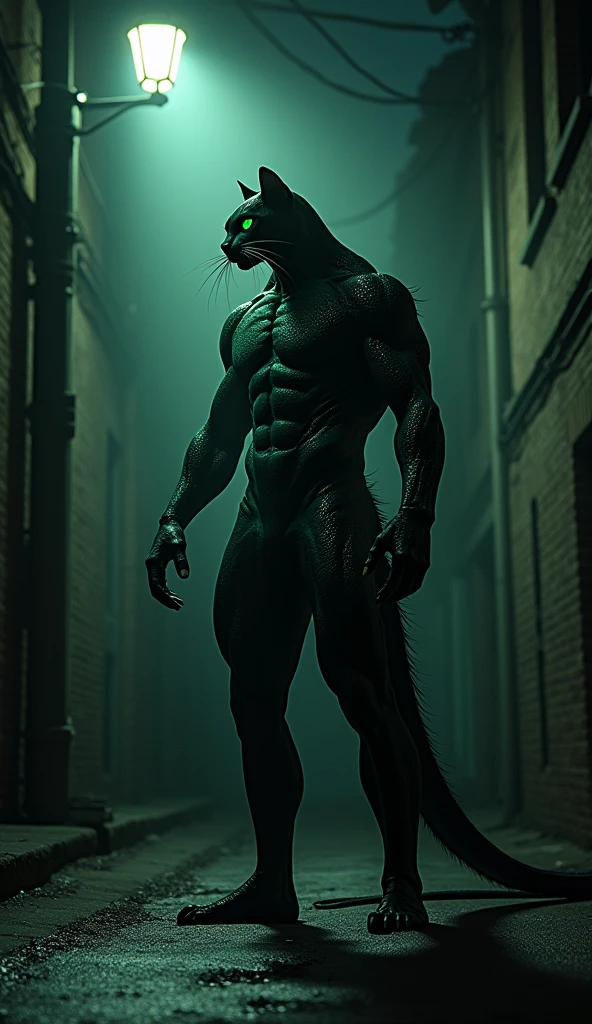 **Scene 1: Felix and Lily in the Alleyway**
- *Prompt*: A tall, muscular figure with a human body and a black cat’s head stands in a dimly lit alleyway. His sharp green eyes are focused ahead, fur bristling with tension. A small, fully feline black kitten clings to his leg, looking scared. The alley is narrow and shadowy, with the faint glow of streetlights filtering in from above.